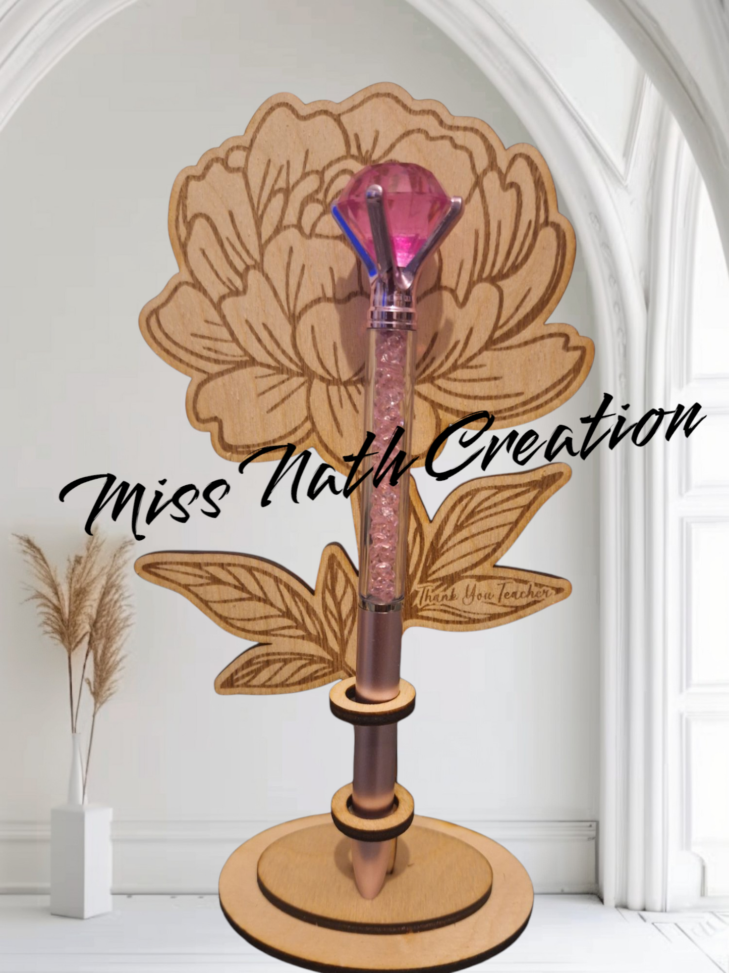 Stylo fleur avec support en bois